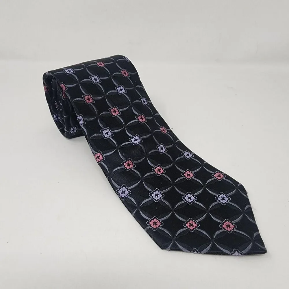 John W. Nordstrom Tie Mens One Size Black Silk Geometric Floral Made In USA